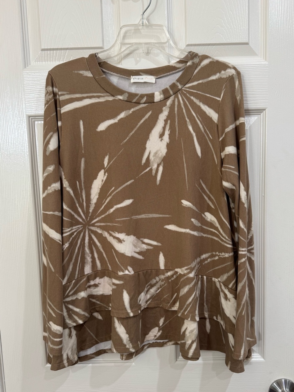 Casual Brown Tie-Dye Ruffle-Hem Long Sleeve Top